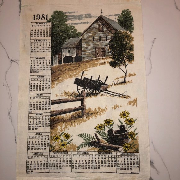 Vintage 1981 Scenic Barn Early American Calendar Tea Towel - Picture 1 of 4